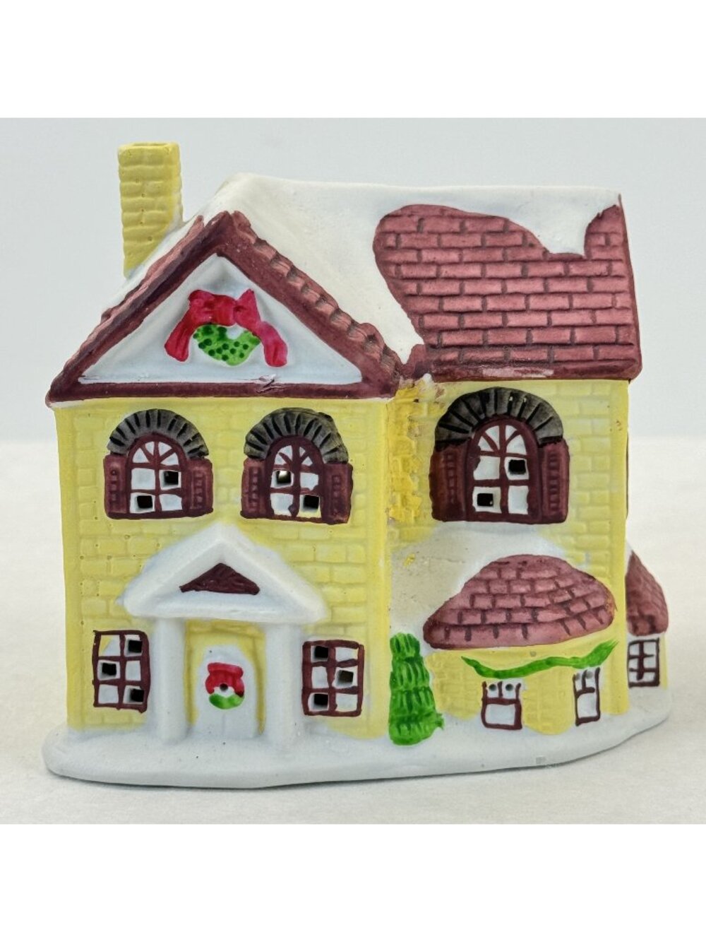 Lotus Ceramic Christmas Village Yellow House Vintage 4" Figurine Snowy Accents